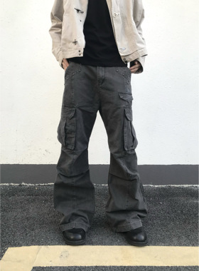 Kid The1One 美式复古水洗做旧宽松直筒多口袋柳钉阔腿伐木工装裤