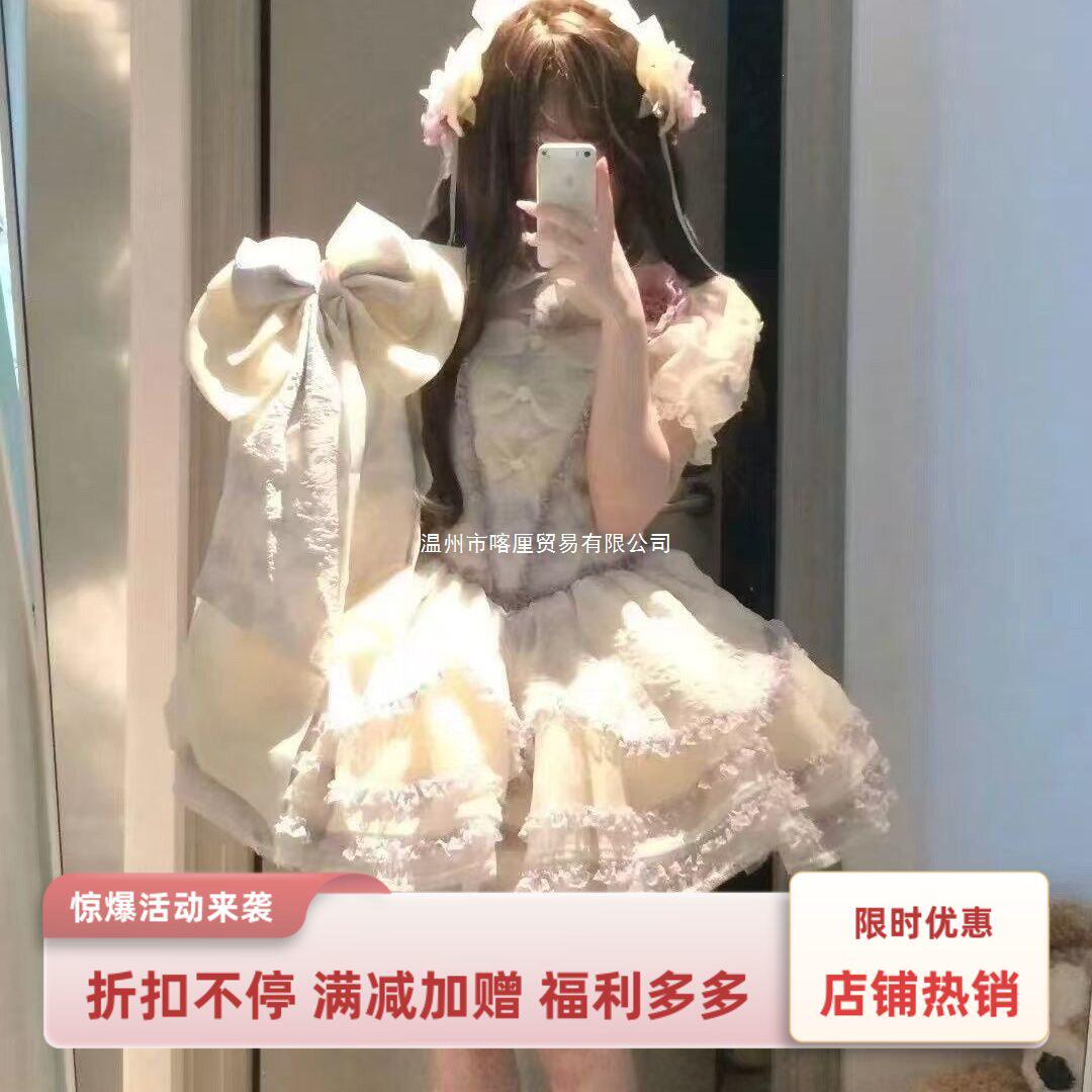 Lolita夏季新款结复古茉莉雨蓝色鱼骨连衣裙单裙子小物单买扎染