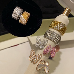 复古宽版排钻珠珠戒指万花筒vintage中古四叶草滚珠对戒指环女潮