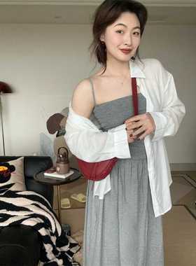 Something 叁熏 吊带可调节连衣裙+白色薄款宽松长袖衬衫