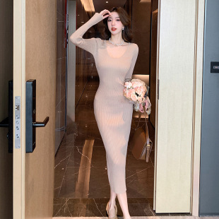 U领打底毛衣收腰包臀长裙辣妹 针织连衣裙女修身 秋冬新款 欧美长袖