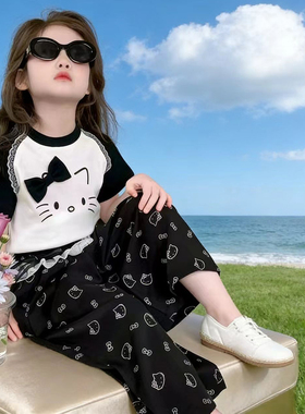 甜美卡通风女童夏季HelloKitty短袖长裤两件薄款套装女孩洋气时髦