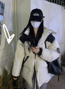 黑白撞色拼接羽绒棉服女2022冬季宽松加厚保暖短款面包服棉衣外套