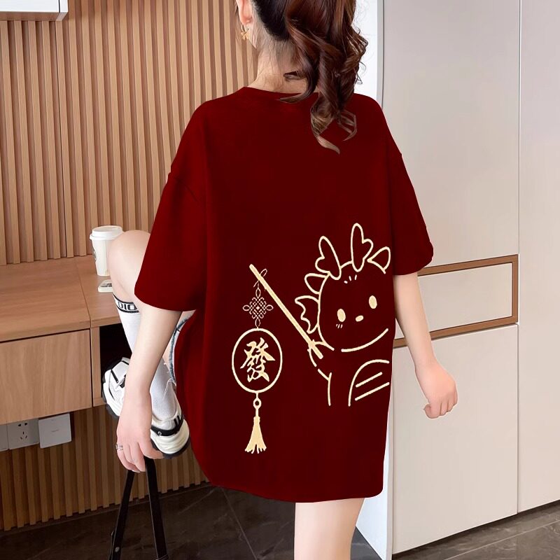 부르고뉴 동물 년 라운드 넥 반팔 티셔츠 여성용 여름 새 순수 코튼 바닥 셔츠 중간 길이 반팔 탑