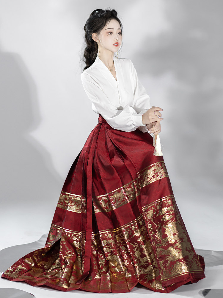HANFU 여성 민족 스타일 말 얼굴 치마 정장 가을 겨울 새로운 중국 의상 2024 새로운 스타일 성인 일상복