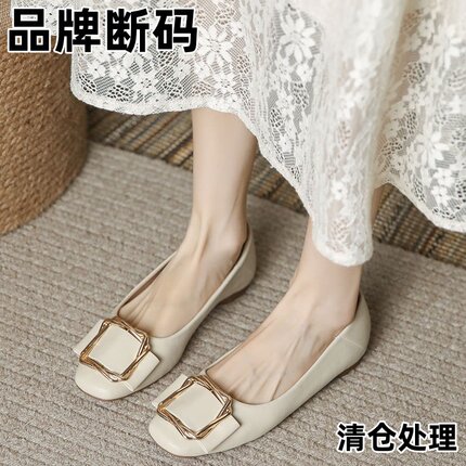 品牌断码2025春季新款女单鞋仙女风方头低跟上班鞋浅口懒人豆豆鞋