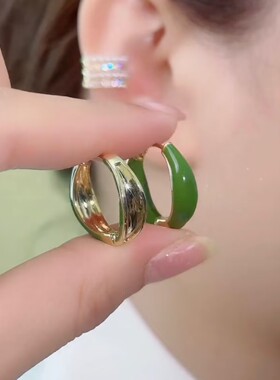轻奢气质绿色耳圈耳扣ins高级感耳钉女小众设计2023年新款耳饰品