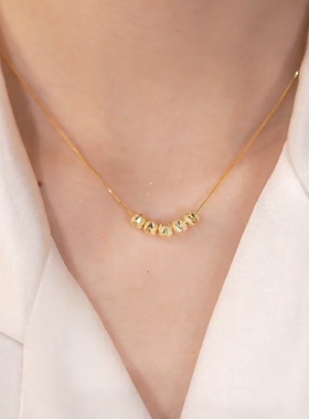 复古五福临门金色圆珠项链女