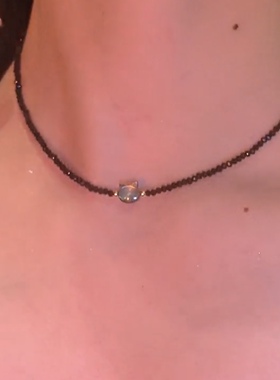 轻奢黑水晶猫眼石猫咪项链