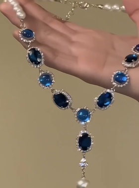 名媛风蓝色锆石珍珠项链女