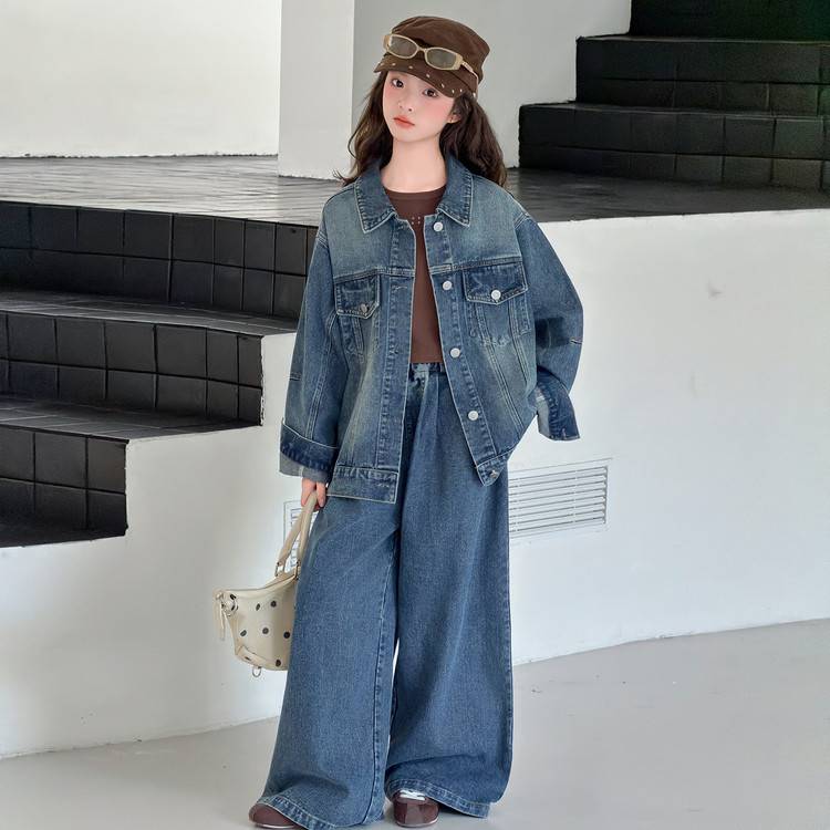 专柜品牌女童牛仔春秋款套装2026新款中大童洋气外套儿童女孩秋装