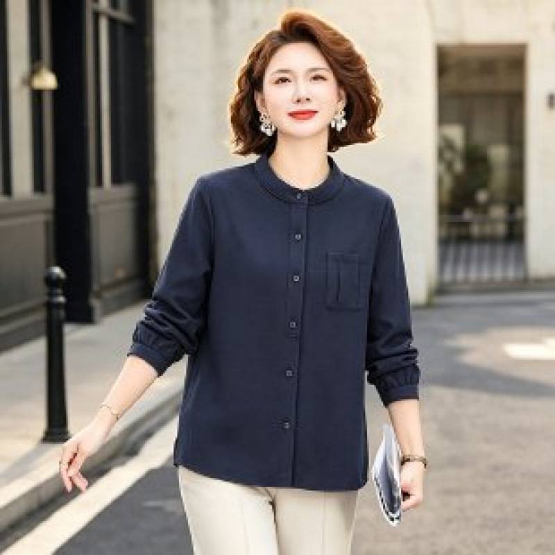 专柜品牌妈妈春秋长袖衬衫女士新款百搭开衫纯色上衣中老年秋冬装