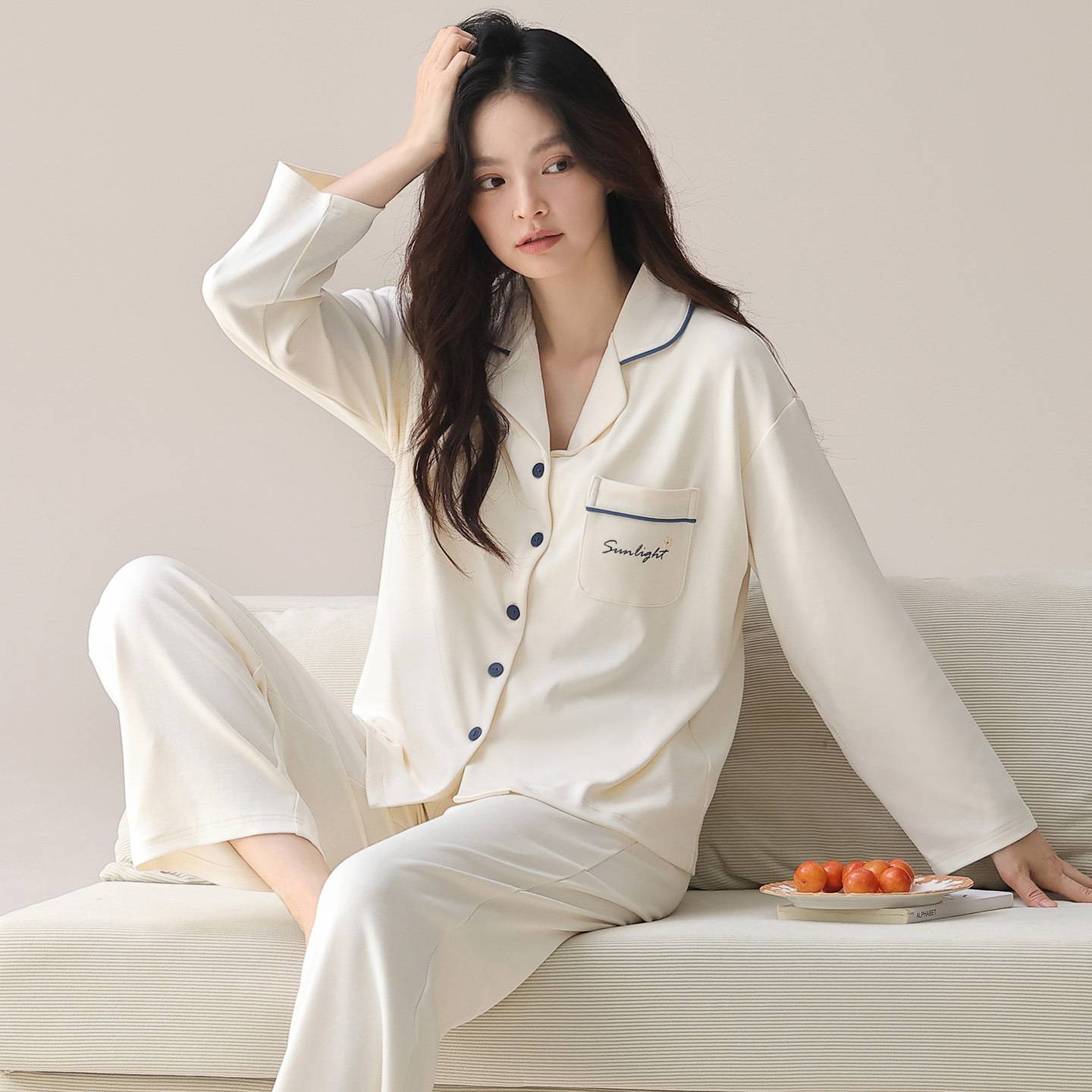 专柜品牌长袖长裤纯棉开衫睡衣女韩版宽松简约休闲新款时尚家居服