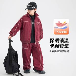 专柜品牌男童秋冬装户外红色加厚棉服套装2025新款儿童运动加绒裤