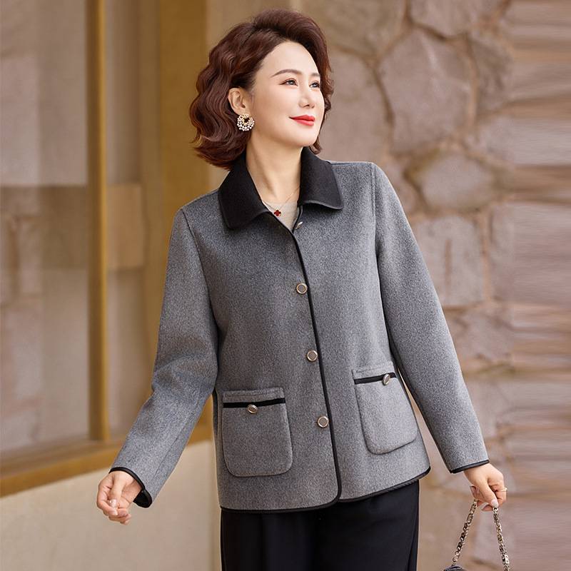 专柜品牌时尚妈妈春装外套50岁中年女士双面呢大衣中老年女装春秋