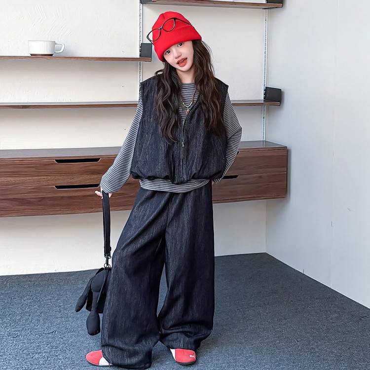 专柜品牌女大童春秋季休闲套装2026新款条纹打底衫青少年马甲阔腿