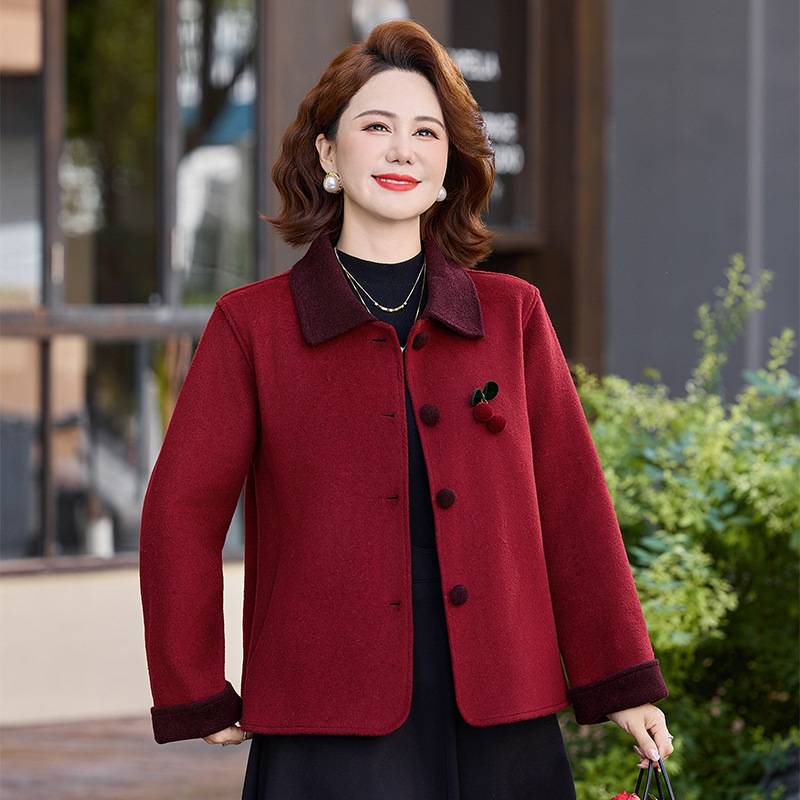 专柜品牌中老年女装秋冬翻领洋气休闲呢子上衣中年妈妈秋装洋气双