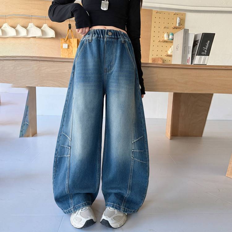 专柜品牌女童弯刀裤休闲儿童裤子直筒春秋装中大童宽松秋季长裤韩