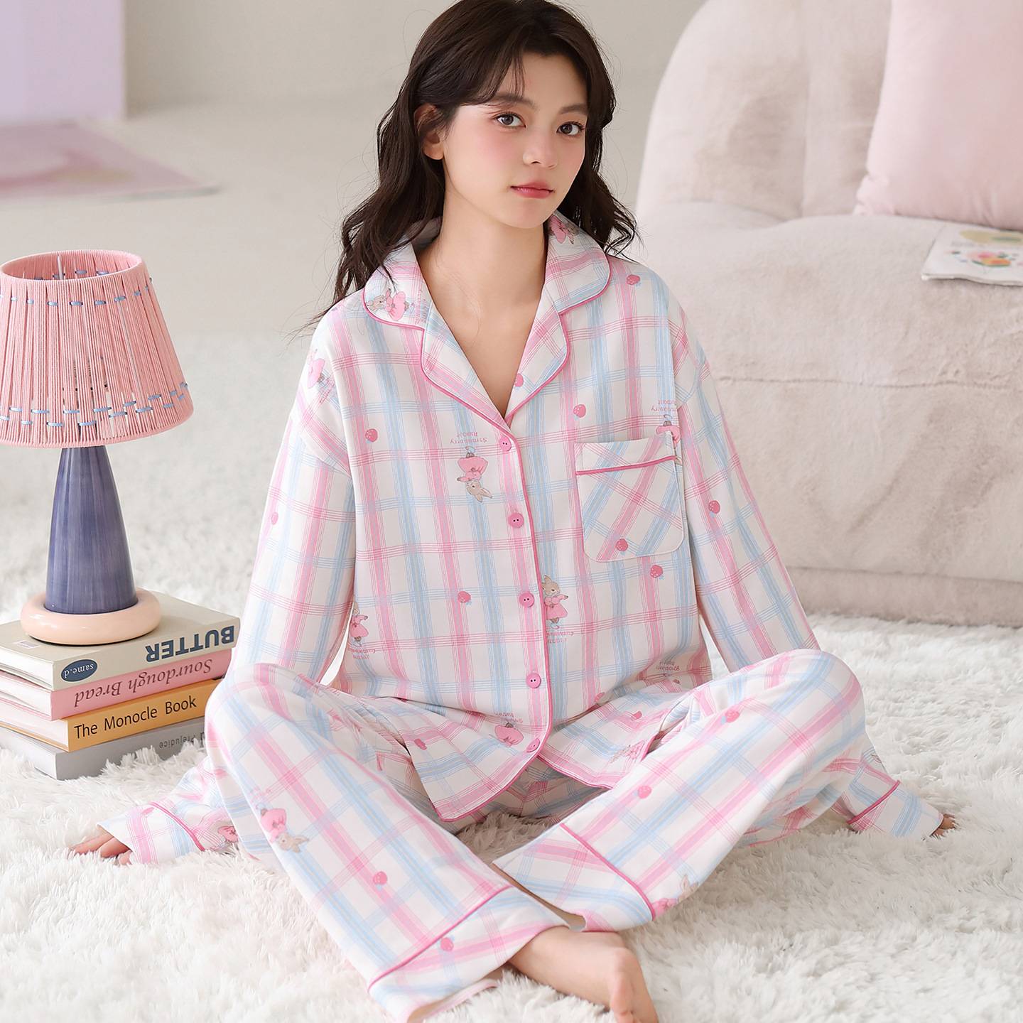 专柜品牌长袖长裤棉质韩版甜美卡通少女新款时尚家居服两件套装可