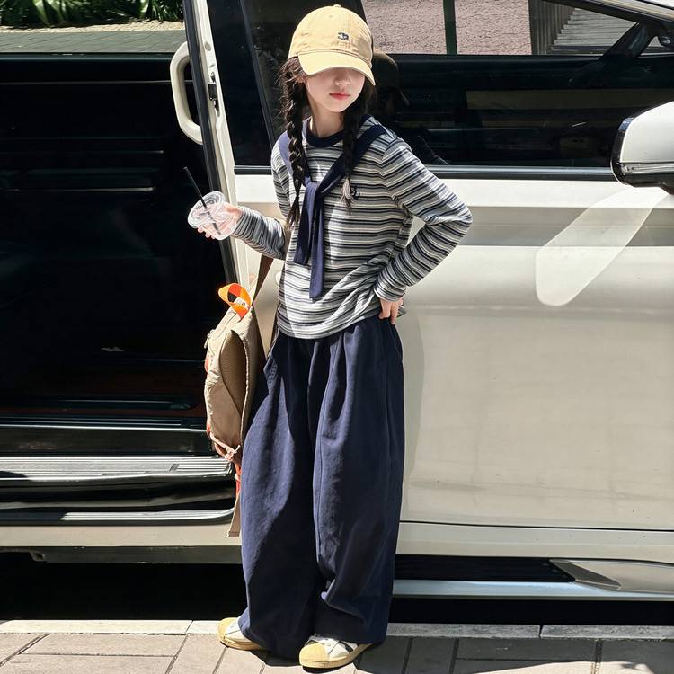 专柜品牌女童春秋披肩条纹套装2026新款韩版中大童女孩洋气休闲宽