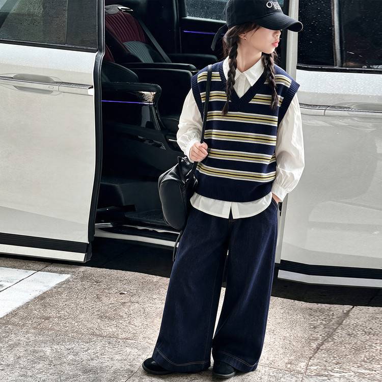 专柜品牌女童春秋款洋气时髦毛线马甲衬衫套装女大童韩版休闲牛仔