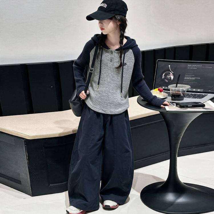 专柜品牌女童春秋款韩版针织帽衫休闲裤套装中大童初中生洋气时髦