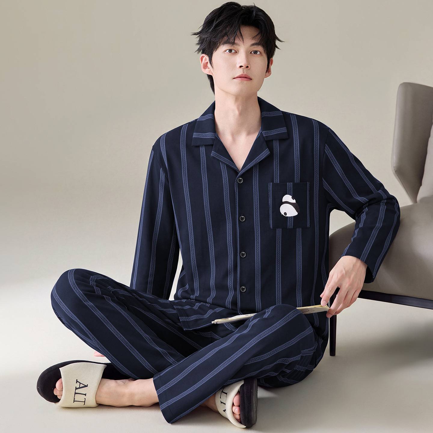 专柜品牌男士纯棉家居服长袖长裤开衫春秋透气亲肤男生日常居家睡