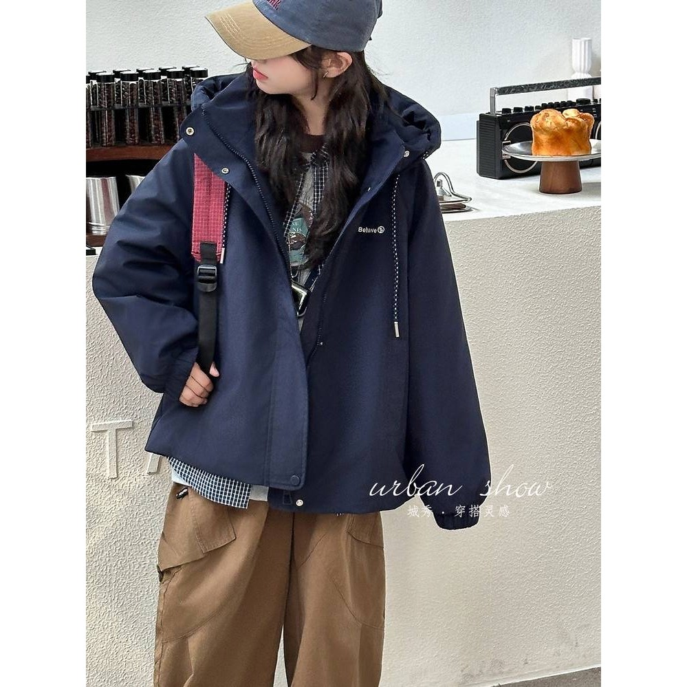 专柜品牌女童秋冬夹棉外套2025新款洋气大童加厚连帽冲锋衣冬装超