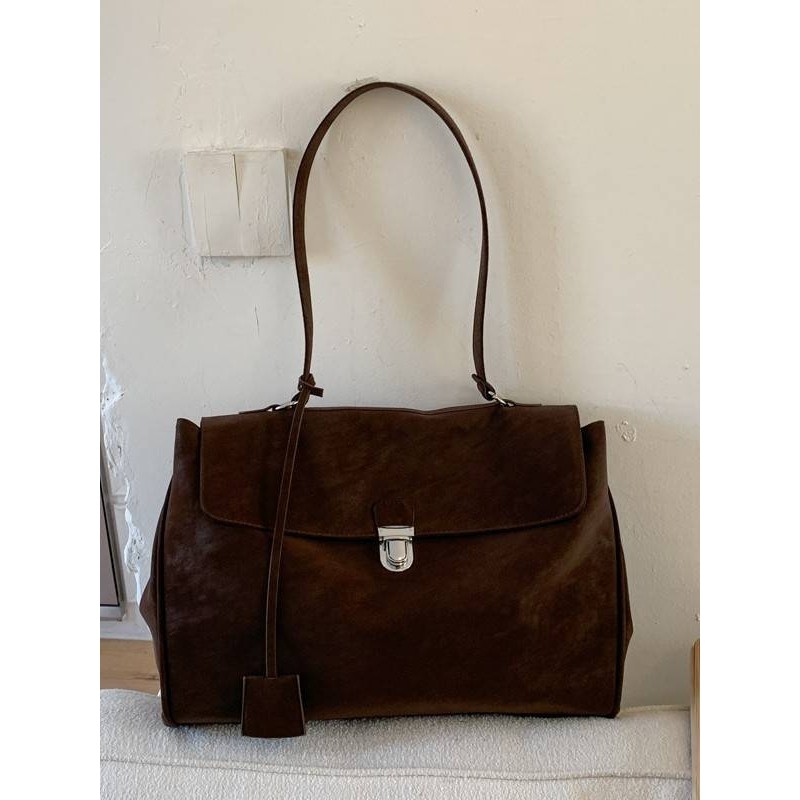 专柜品牌2025新款韩版简约大容量麂皮绒公文托特包复古百搭单肩斜