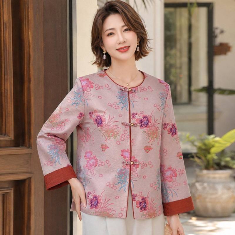 专柜品牌时尚新中式国风妈妈装圆领印花开衫上衣中老年女春秋薄款