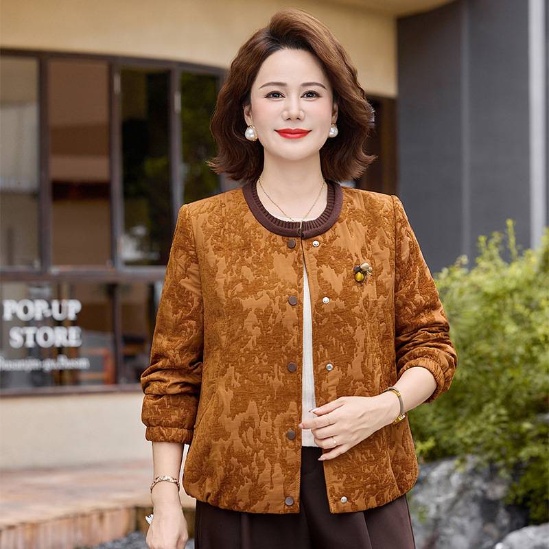 专柜品牌中年女士秋冬薄款圆领提花短外套妈妈装洋气气质开衫年轻