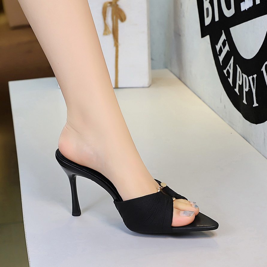 韩版尖头细跟高跟凉鞋女外穿金属扣黑色性感百搭简约凉拖鞋超高跟