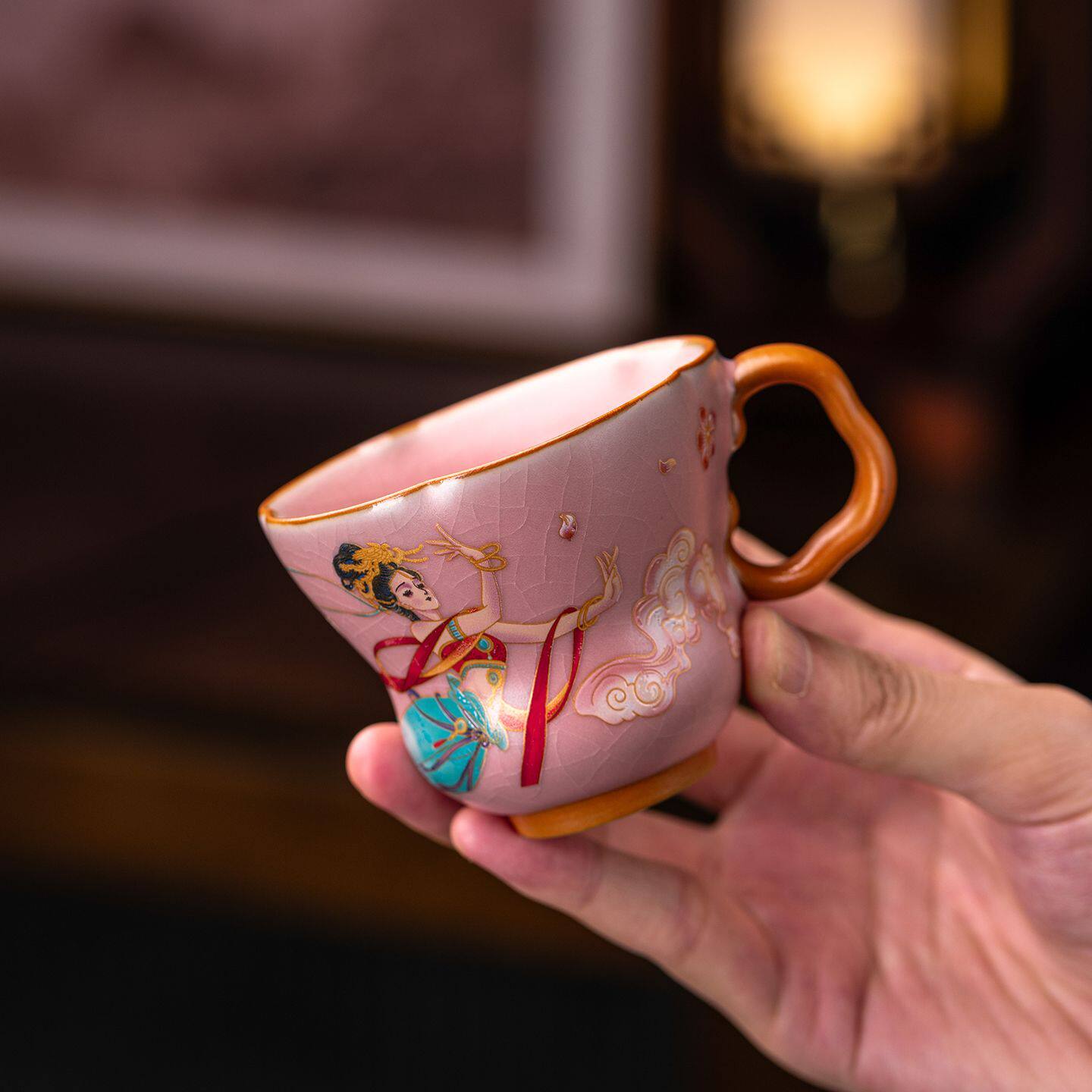泥徒粉汝窑敦煌天舞云裳茶杯家用功夫茶具品茗杯陶瓷小把杯礼盒装