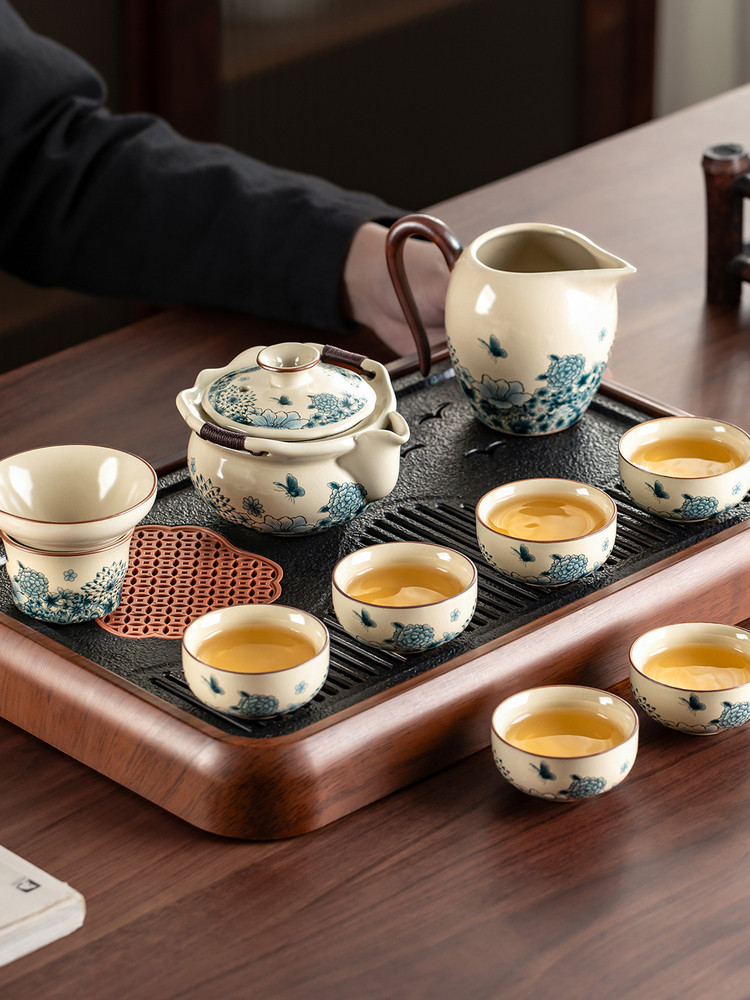 2025新款汝窑功夫茶具套装陶瓷手抓壶盖碗茶杯茶盘家用喝茶泡茶器