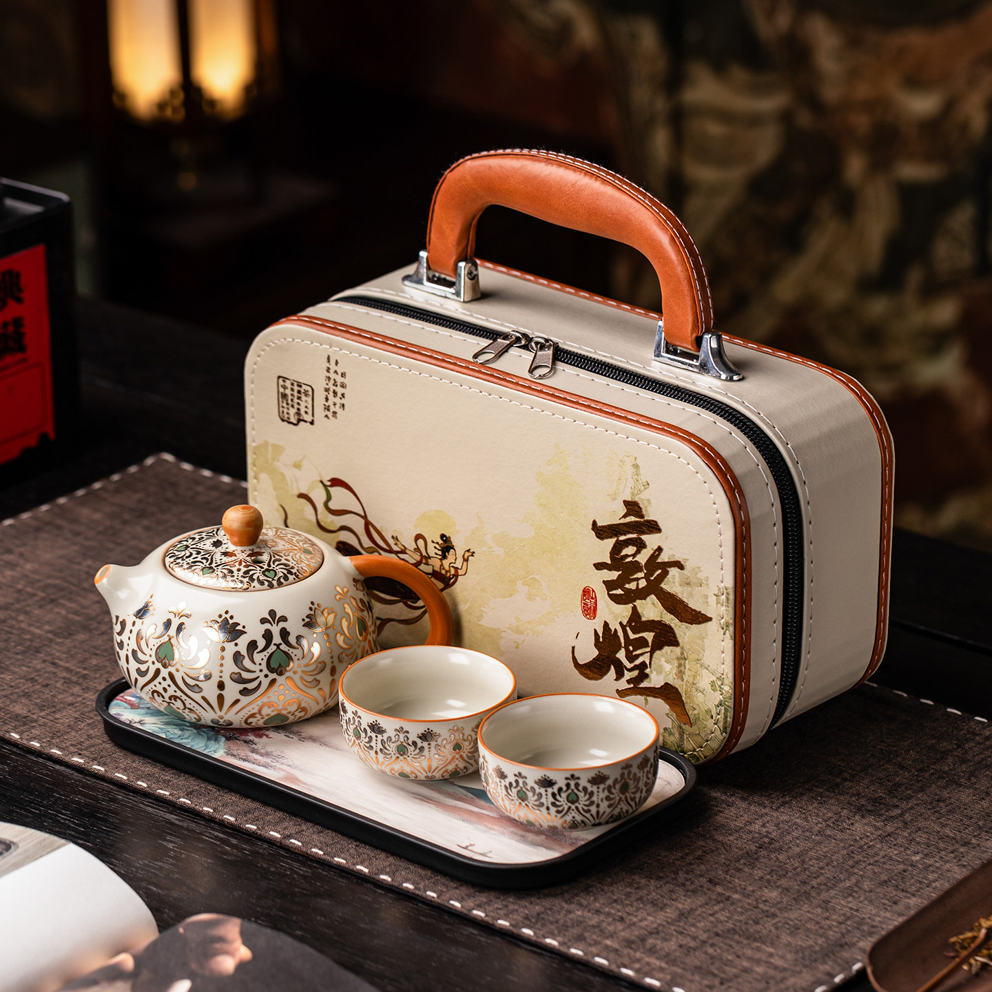 汝窑旅行茶具套装陶瓷户外露营便携式功夫茶具一壶二杯茶盘泡茶器
