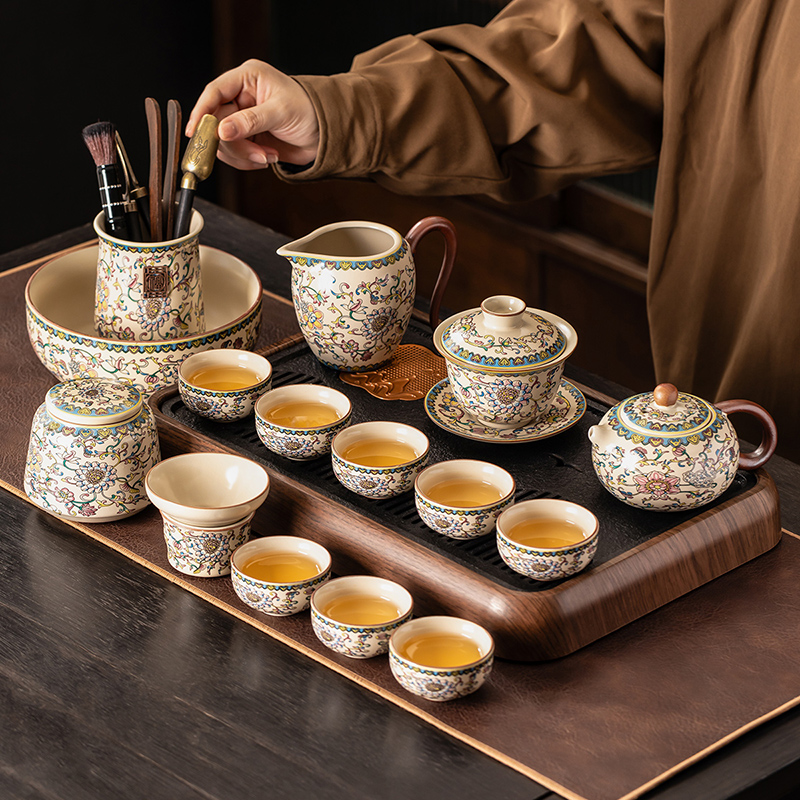 汝窑珐瑯满彩功夫茶具套组2025新款家用高档盖碗茶杯办公泡茶器具