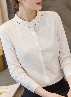 立领棉麻衬衫女长袖2022春装韩版修身职业装衬衣纯棉百搭打底上衣