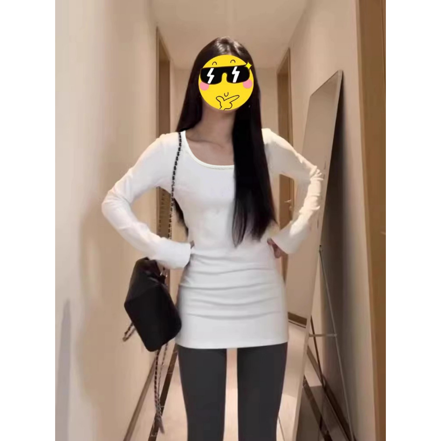 纯棉白色正肩长袖T恤女秋冬内搭中长款打底衫遮屁股外穿修身上衣