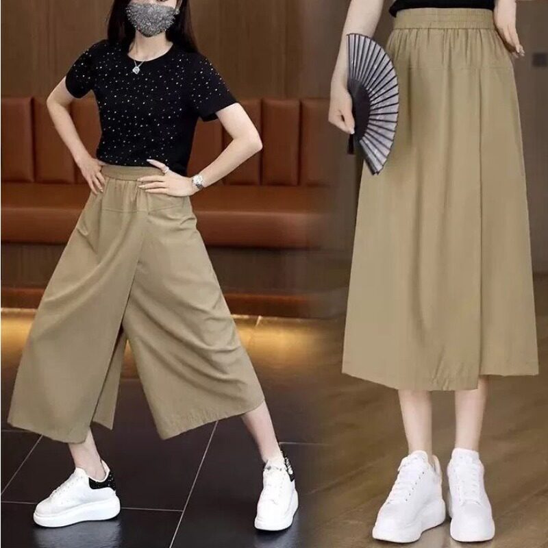 冰丝垂感休闲裙裤女夏季薄款梨形身材大码显瘦小个子不规则阔腿裤