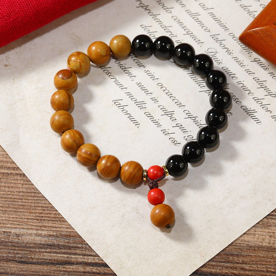 新中式静心手串天然黑玛瑙手链木纹石佛珠转运珠佩戴饰品情侣手环