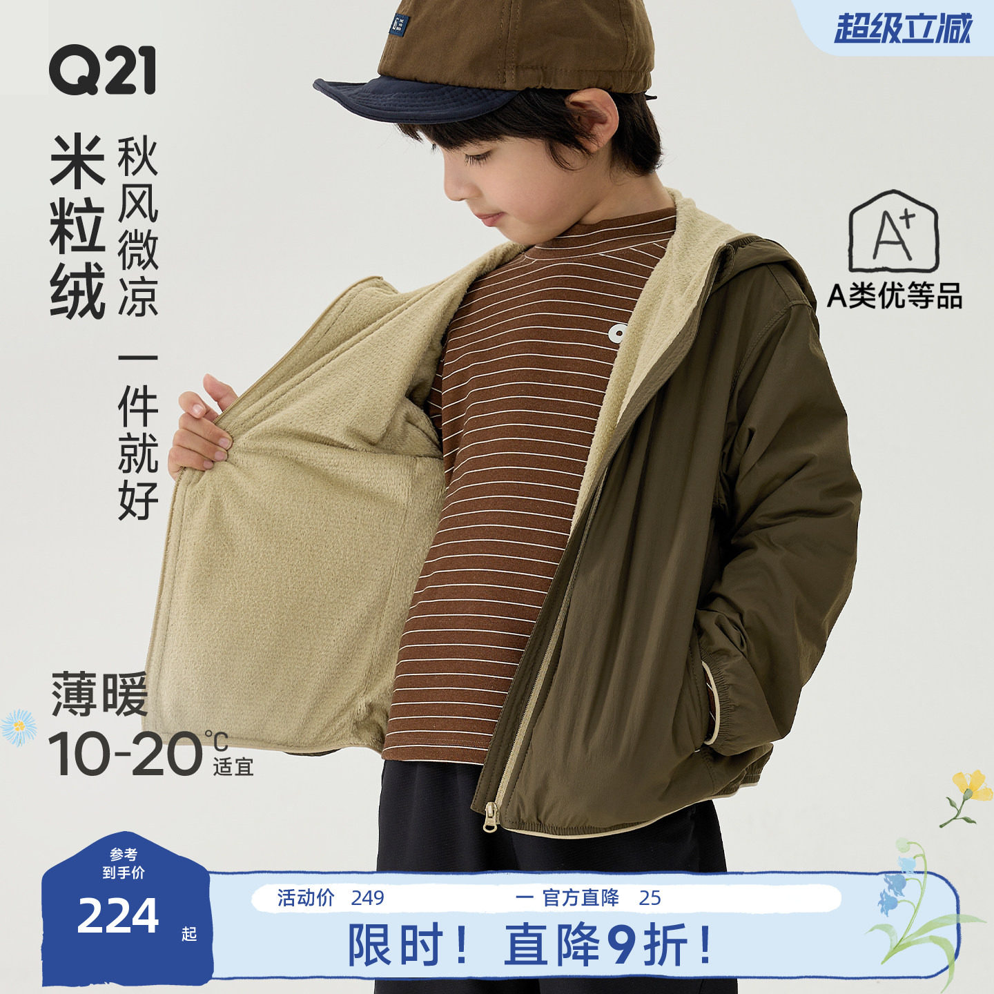 Q21米粒绒儿童外套秋季防风防小雨男女童轻量防静电抓绒连帽上衣图片