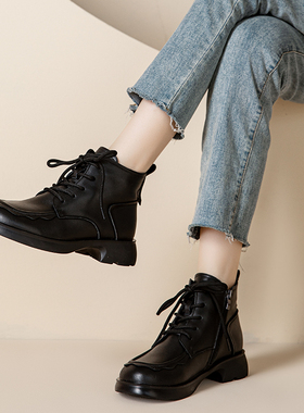 真皮马丁靴女2025新款黑色系带厚底短靴舒适百搭休闲鞋2116