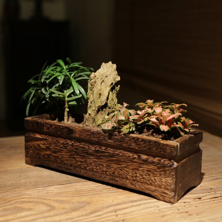 日式烧桐木花盆木质 仿真花花器 插花花盆 多肉植物花盆 实木花插