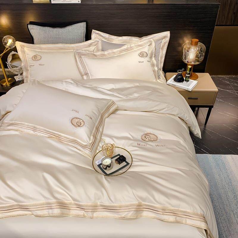 喜兹家居140支长绒棉四件套全棉轻奢贡缎简约刺绣酒店级被套床上m