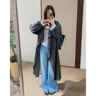 菲尔丹 英伦风巨百搭超大翻领 条纹里衬 宽松长款风衣外套2002