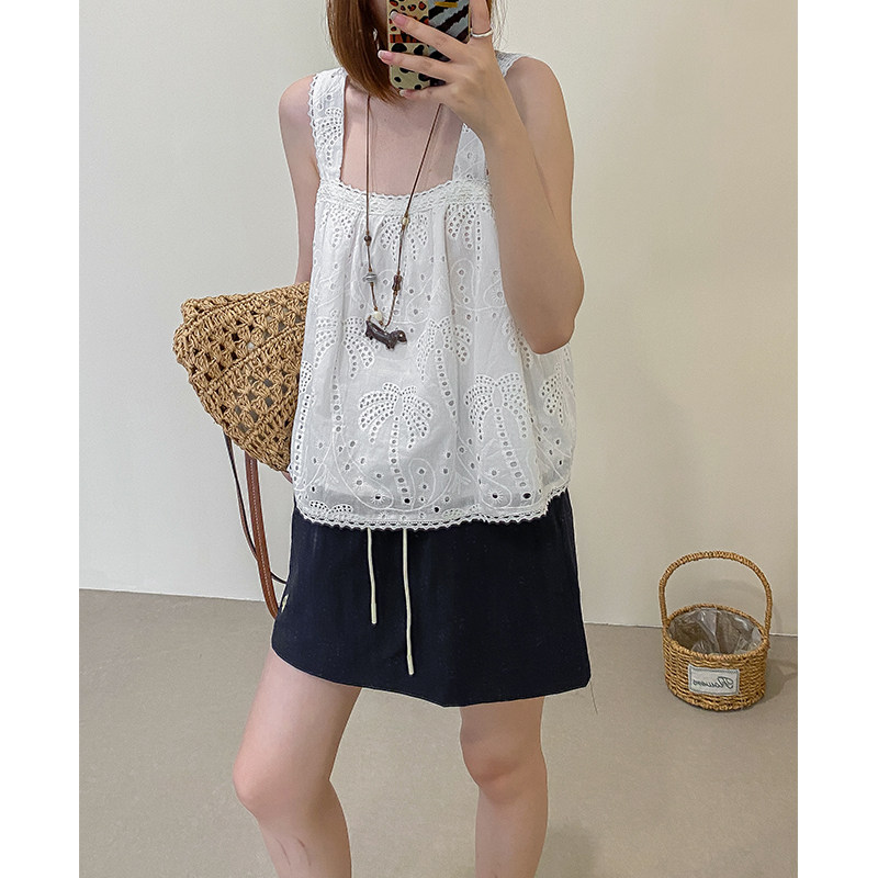 菲尔丹 海岛度假风棉质刺绣花宽肩带吊带背心 微胖宽松版背心5019