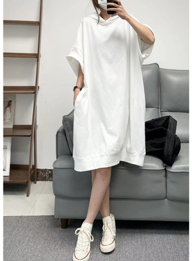 菲尔丹 经典减龄百搭 纯色连帽H型短袖连衣裙 运动风休闲T裙684