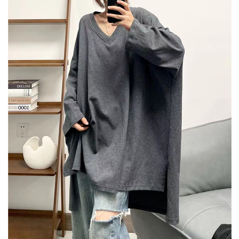 菲尔丹 慵懒欧美范 V领 前短后长 高克重棉大版 八分袖厚T恤522
