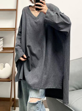 菲尔丹 慵懒欧美范 V领 前短后长 高克重棉大版 八分袖厚T恤522