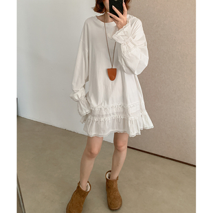 菲尔丹 巨舒服 宽大盖臀 不透柔软棉 减龄蕾丝花边长袖T裙7887